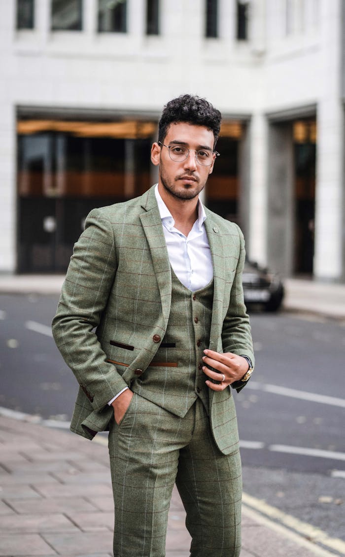 Elegant businessman in a green suit posing confidently on a city street with an urban background.
