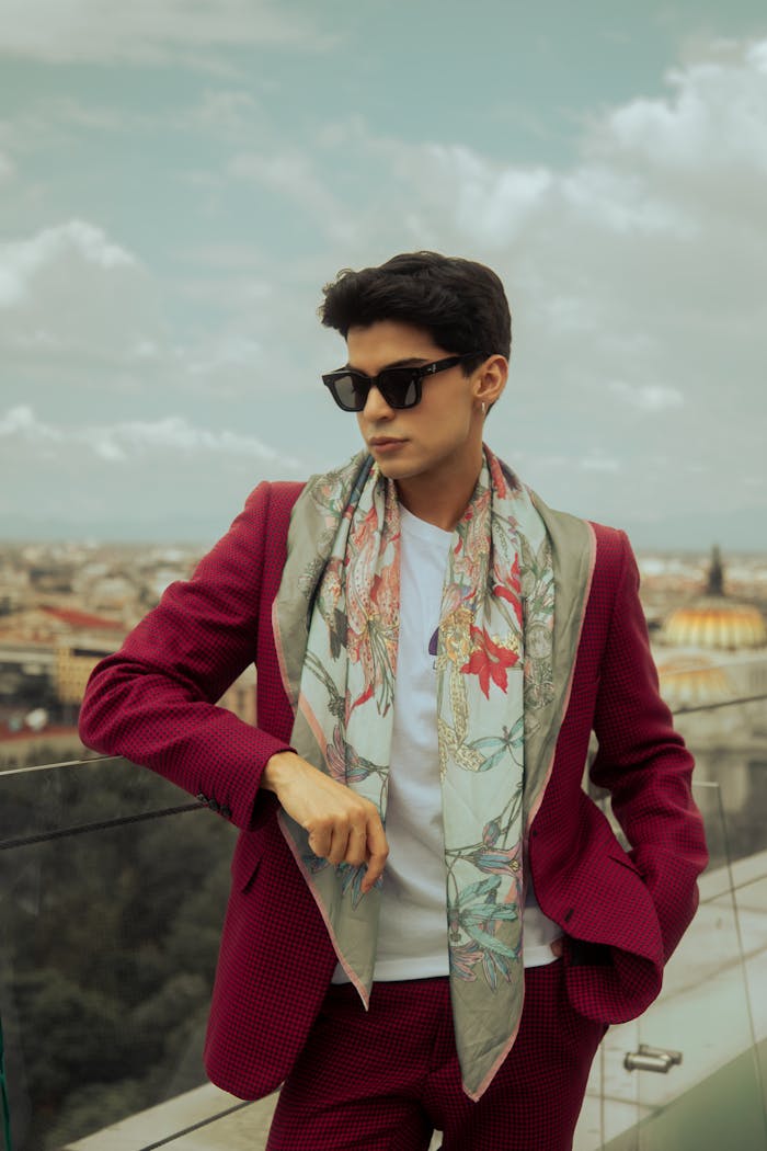 Elegant fashion model in sunglasses and scarf, posing outdoors against a cityscape.